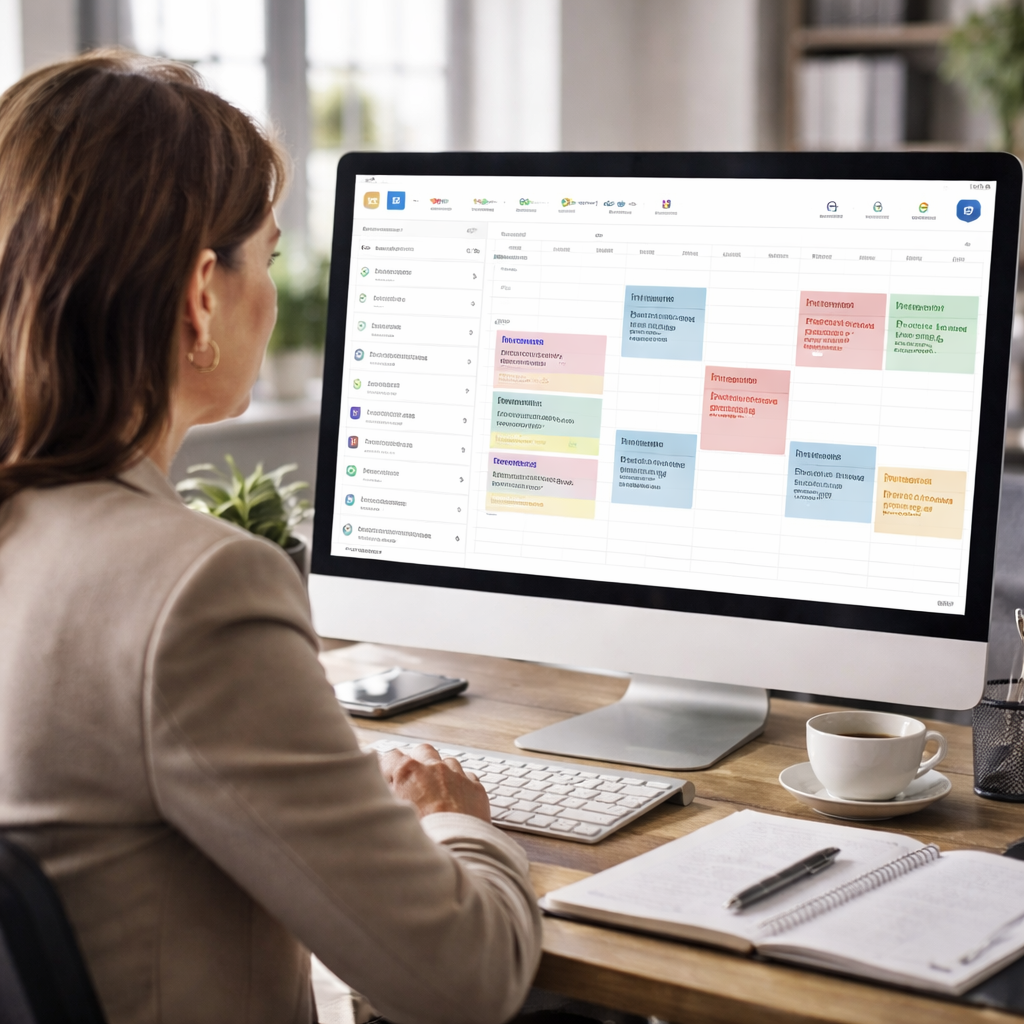 A realistic office scene showing a recruiter looking at a unified calendar view with multiple interview slots highlighted, Alt: interview scheduling tool for executive search firms with calendar sync visual