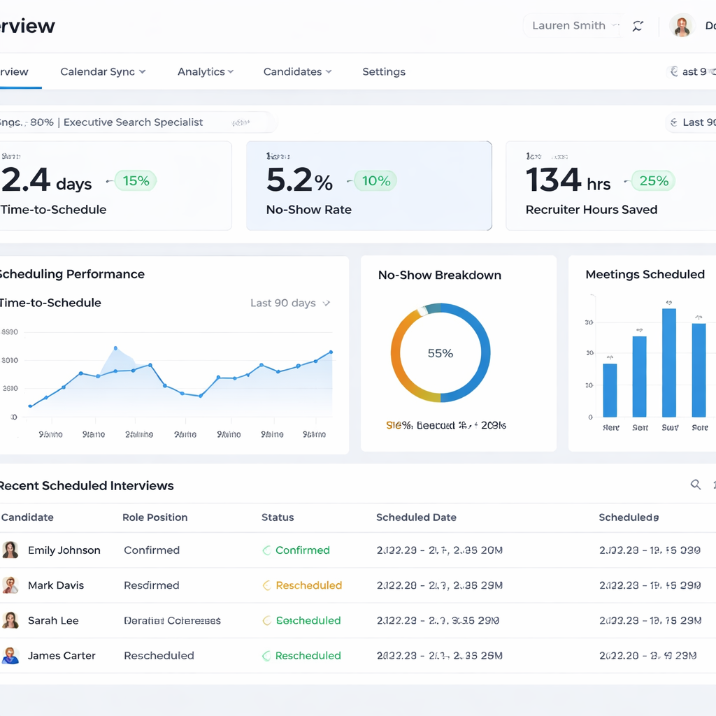 A realistic dashboard screenshot showing key metrics like time‑to‑schedule, no‑show rate, and recruiter hours saved, Alt: interview scheduling tool for executive search firms with calendar sync performance dashboard