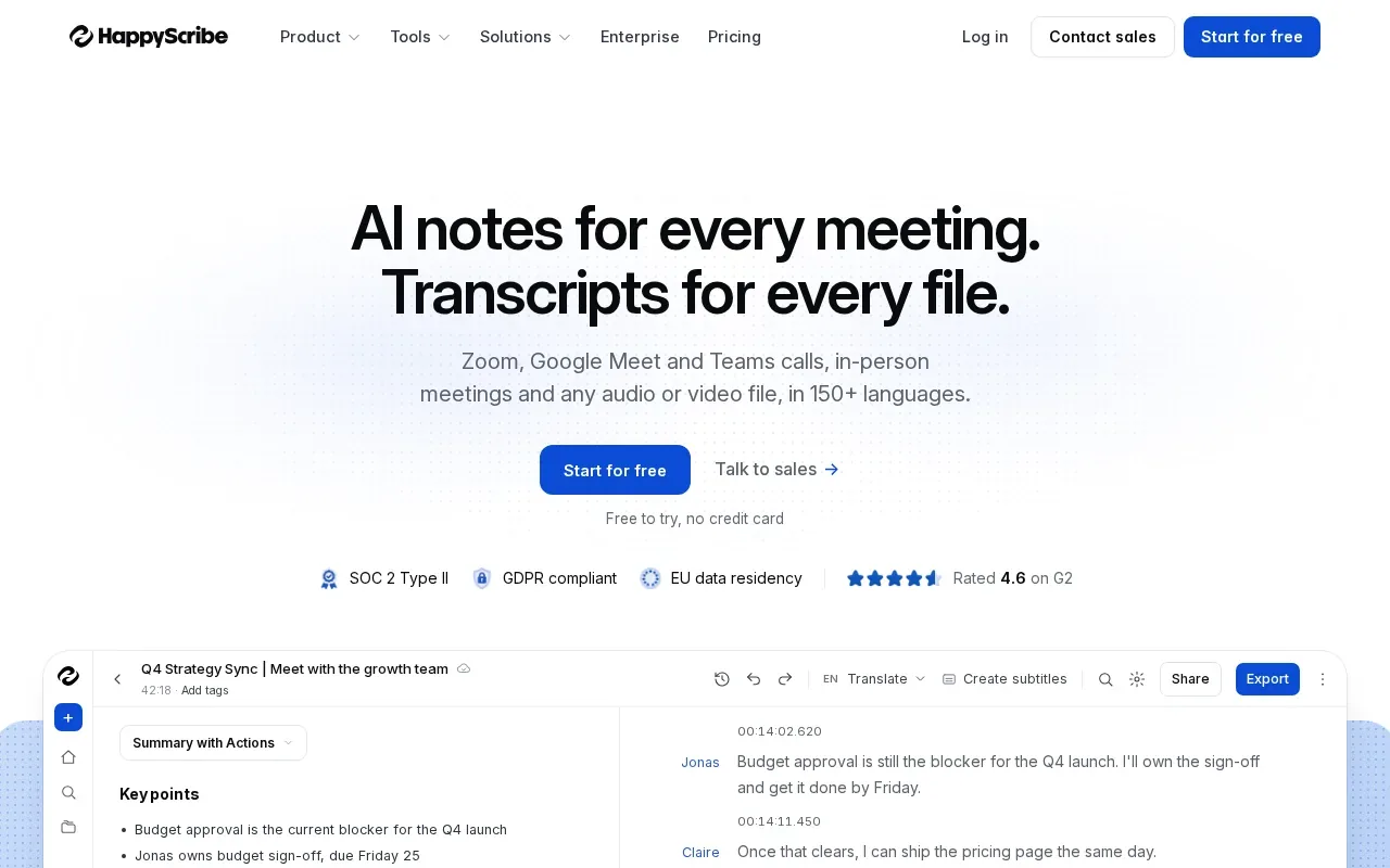 Screenshot of the HappyScribe website
