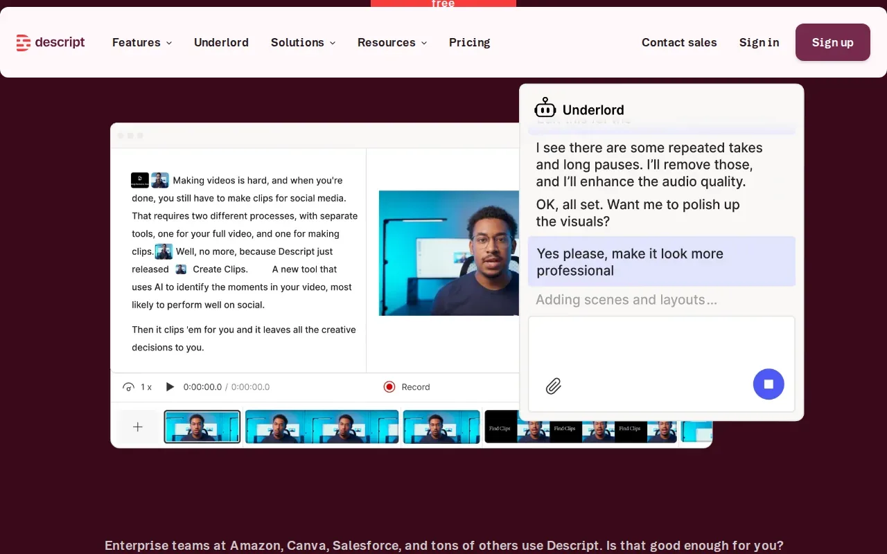 Screenshot of the Descript website