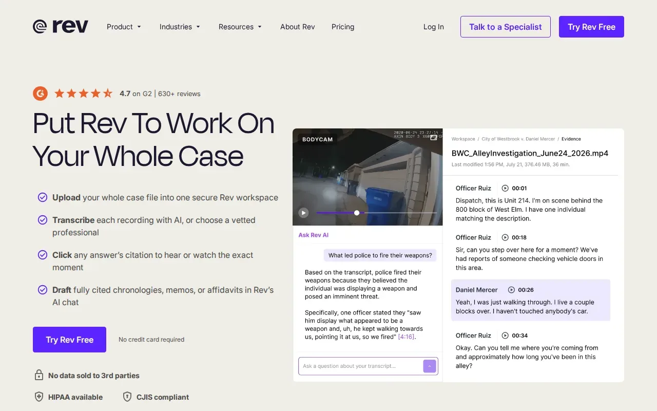 Screenshot of the Rev website
