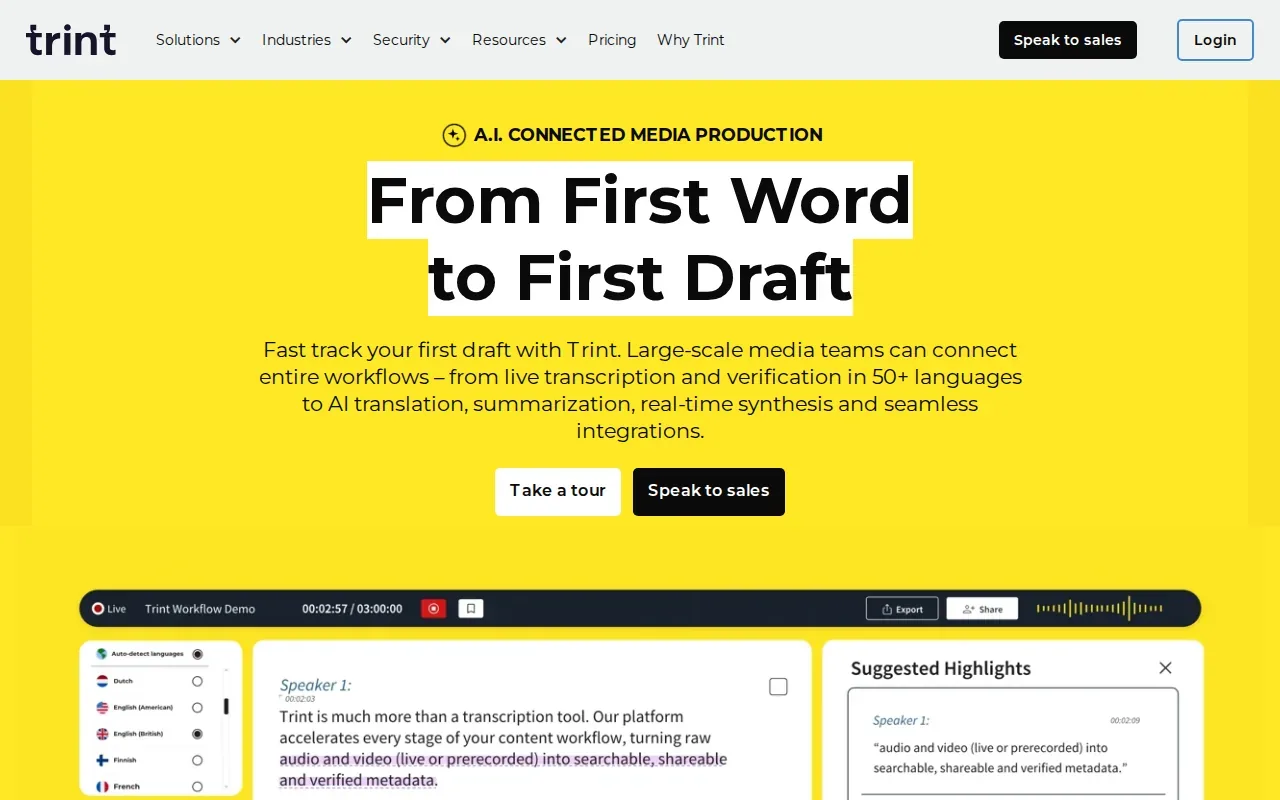 Screenshot of the Trint website