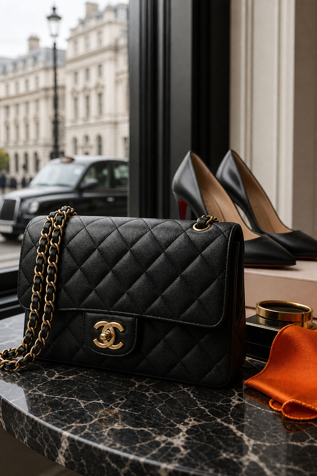 A photorealistic close‑up of a Chanel Classic Flap bag on a polished marble tabletop, soft natural light, focus on the gold hardware and leather texture. Alt: Chanel Classic Flap bag luxury investment piece