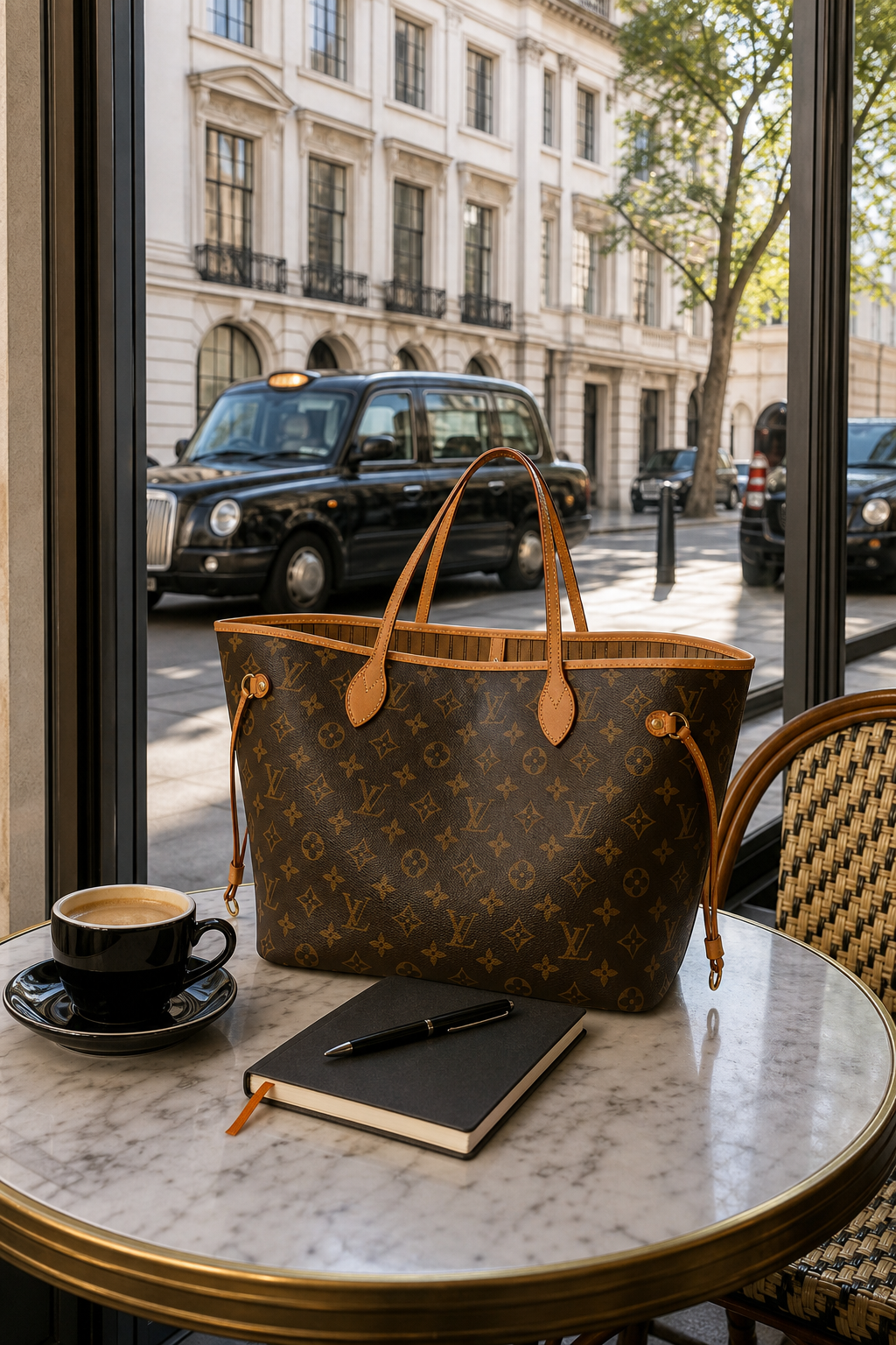 A realistic scene of a Louis Vuitton Neverfull tote placed on a café table, coffee cup and notebook beside it, natural daylight highlighting the monogram canvas. Alt: Louis Vuitton Neverfull tote luxury everyday bag