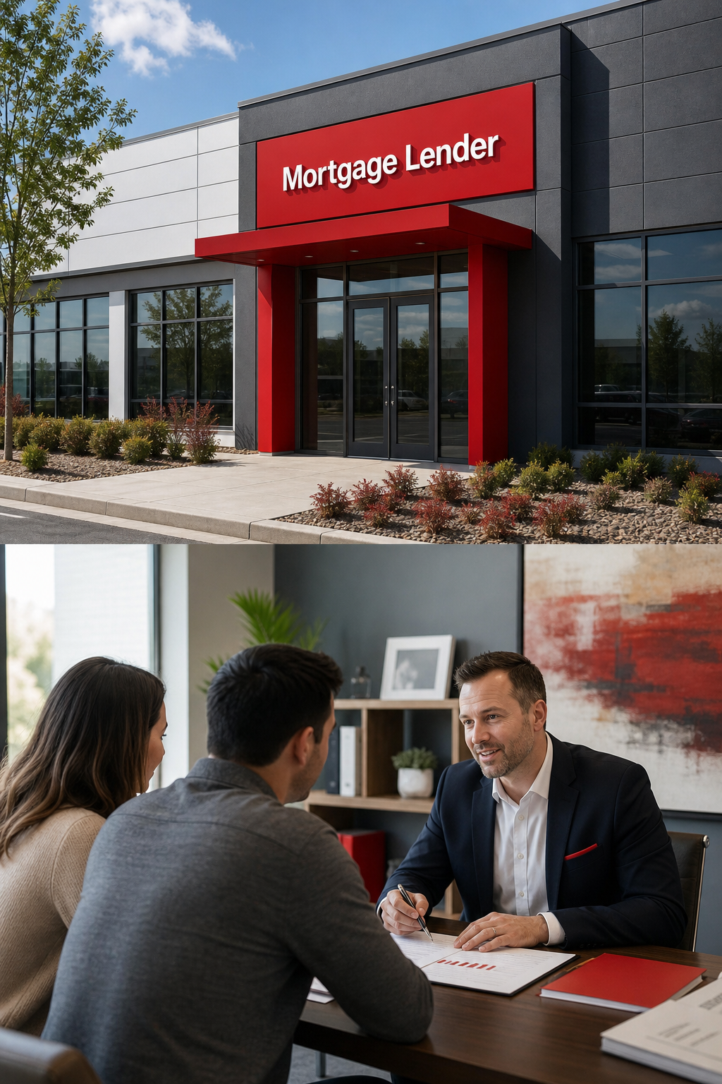 Realistic photo of a modern office building with a sign 