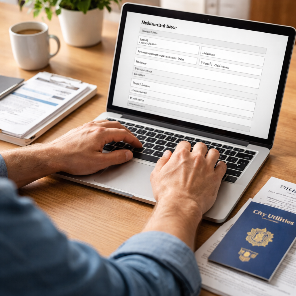 A photorealistic scene of a US resident sitting at a desk, filling out a form on a laptop, with a passport and utility bill beside them. Alt: sponsor gathers personal and address details for invitation letter