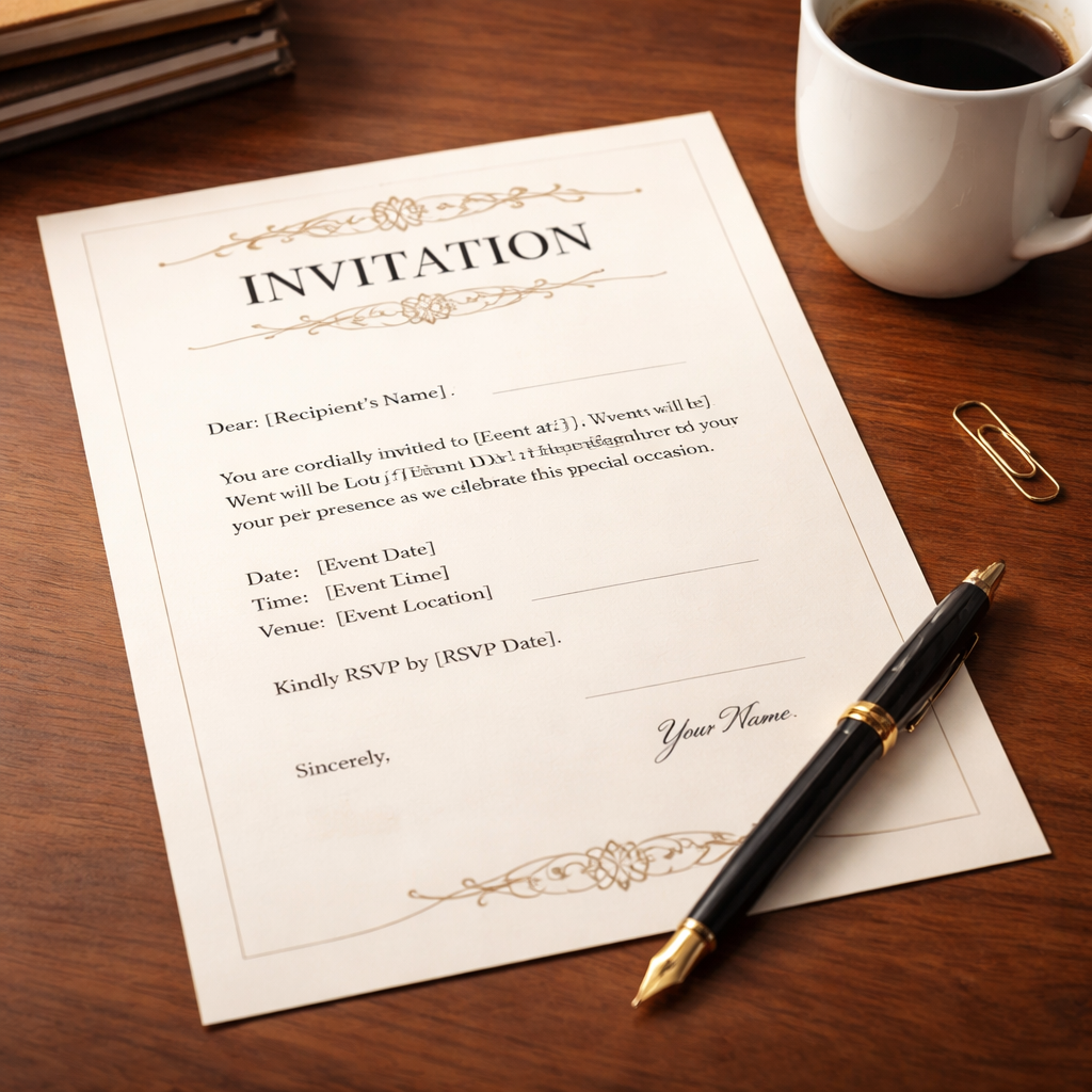 A photorealistic close‑up of a printed invitation letter on a desk, with a pen and a coffee mug beside it. Alt: printable invitation letter template ready for signing