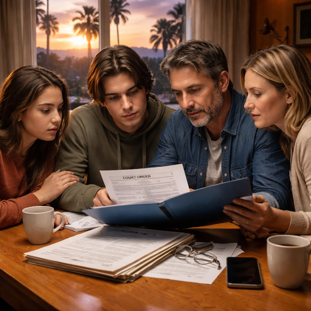 A photorealistic scene of a family gathered around a kitchen table, reviewing a folder of documents and a court order, with a calm California sunset visible through a window. Alt: Involuntary rehab California legal process and family support scene.