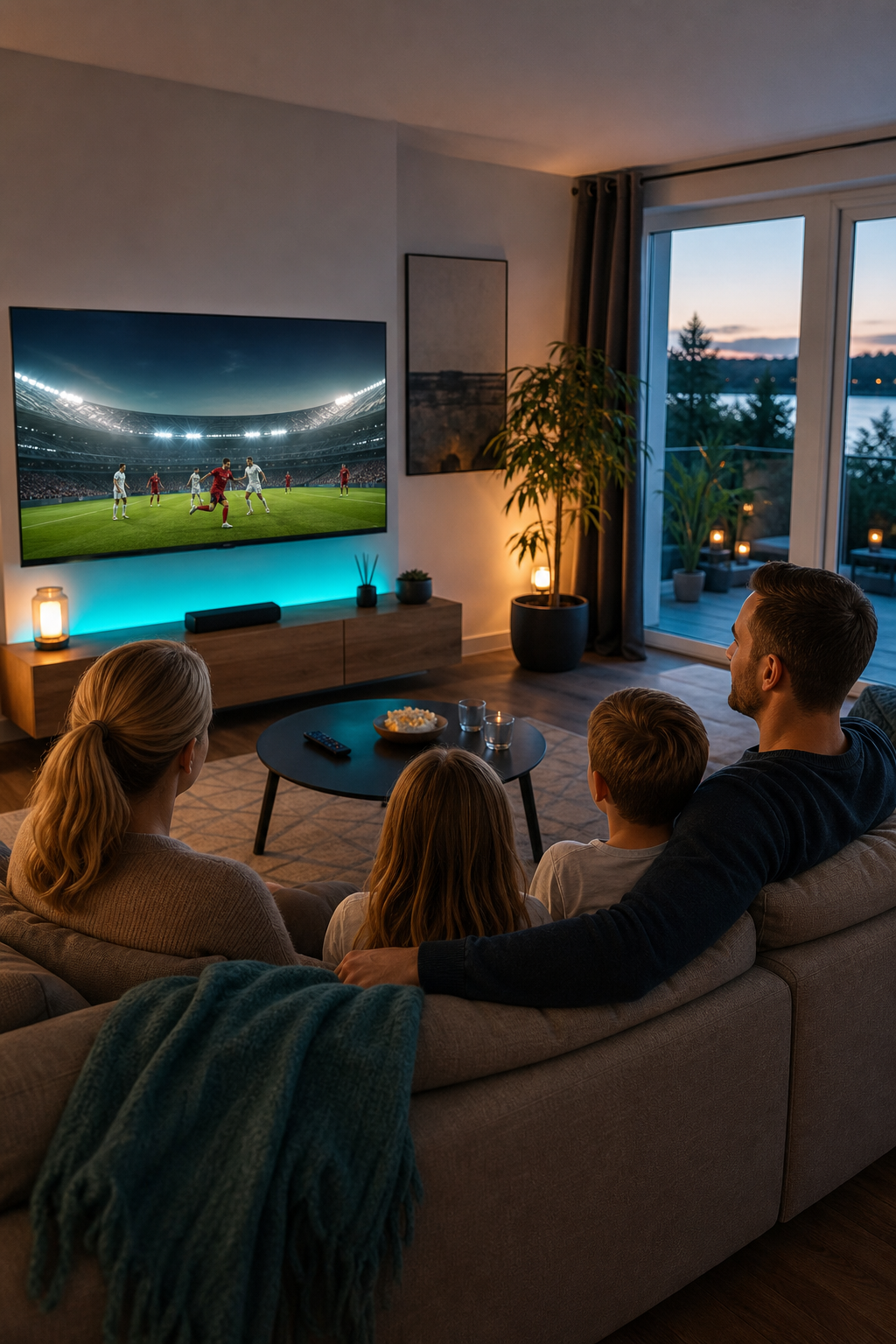 En mysig svensk vardagsrum med en familj som tittar på en smart TV som streamar live-sport och filmer, med en fjärrkontroll på soffbordet. Alt: IPTV utan bindningstid i vardagsrummet.