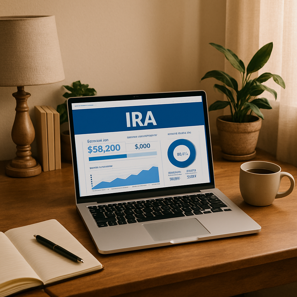 An inviting image of a cozy home office desk with a laptop open displaying an IRA account dashboard on screen and a cup of coffee nearby. Alt: Opening and managing IRA and Roth IRA retirement accounts in a relaxed home setting.