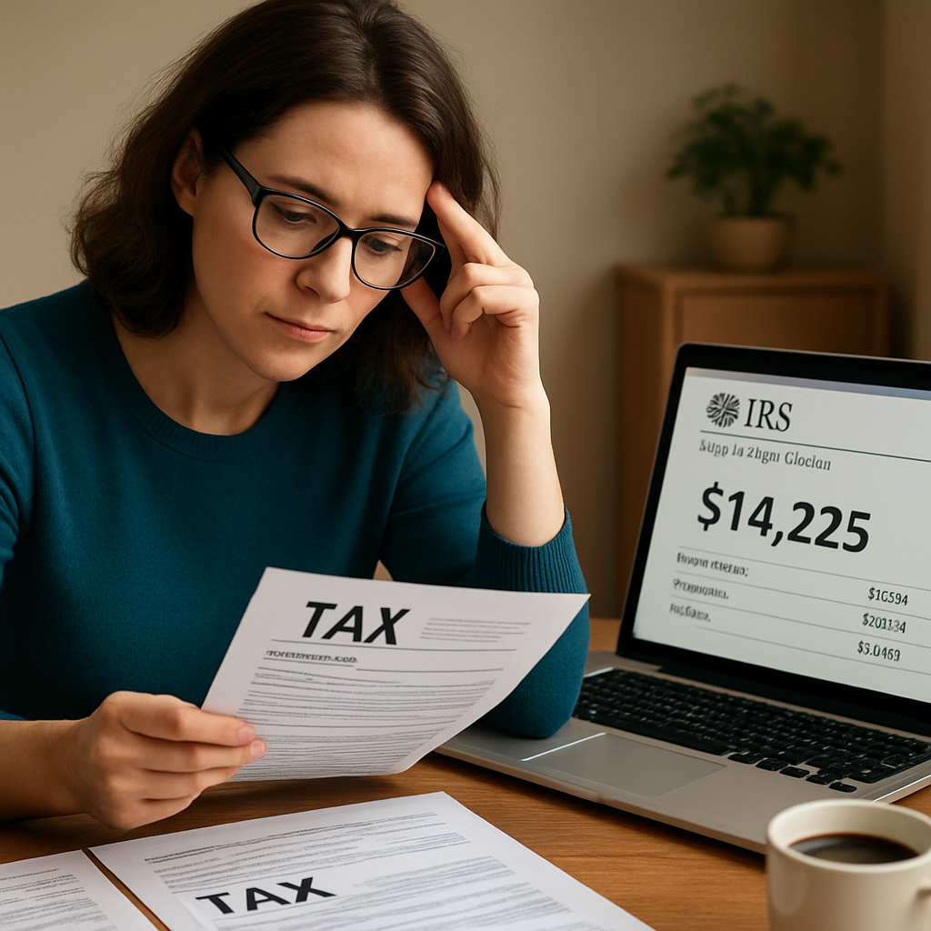 A small business owner sitting at a desk with tax documents, a laptop showing an IRS account summary, and a cup of coffee. Alt: Assessing tax debt for IRS Fresh Start qualifications