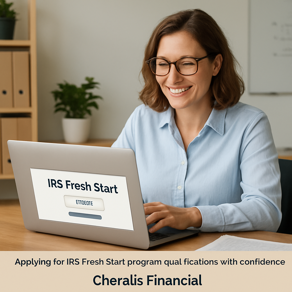 A small business owner sitting at a desk, smiling while uploading a PDF application to the IRS Fresh Start portal on a laptop. Alt: Applying for IRS Fresh Start program qualifications with confidence