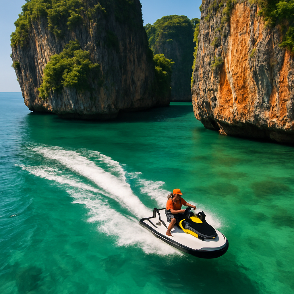 A vibrant aerial view of a jet ski gliding past Phuket's limestone cliffs, showing clear turquoise water and safety gear on the rider. Alt: Jet ski tour risks Phuket safety