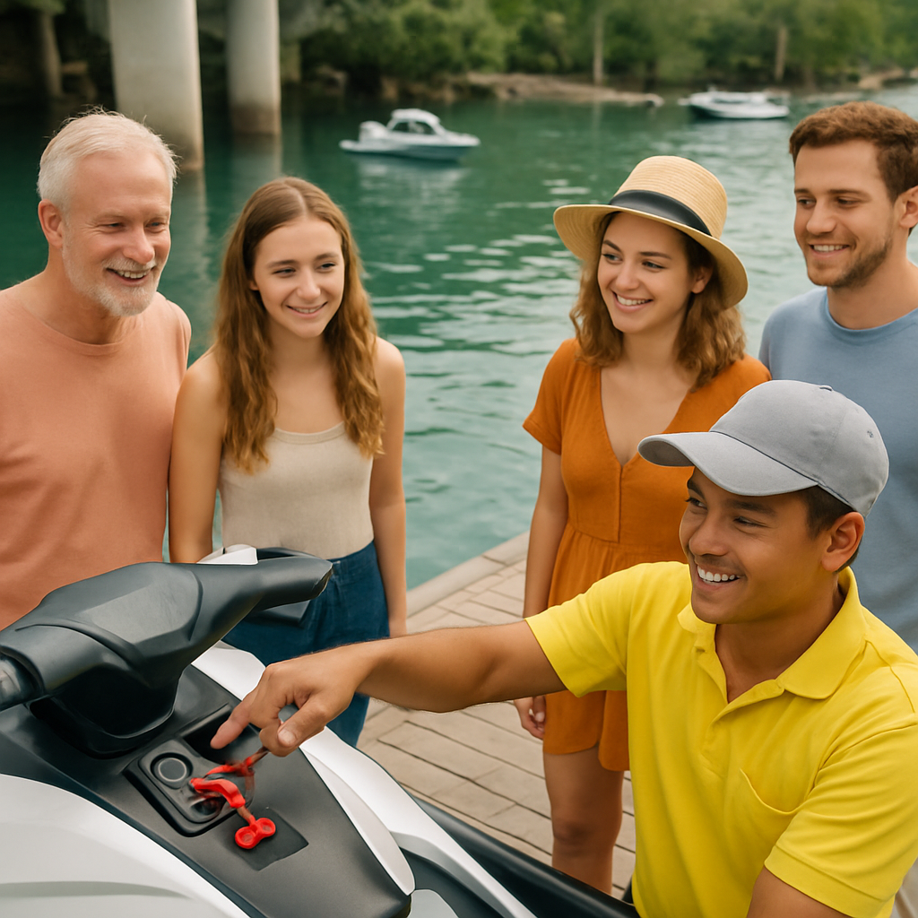 A friendly guide in a bright polo showing a jet ski emergency shut‑off lever to a group of tourists on the dock. Alt: Choosing a safe jet ski tour provider in Phuket, safety demo