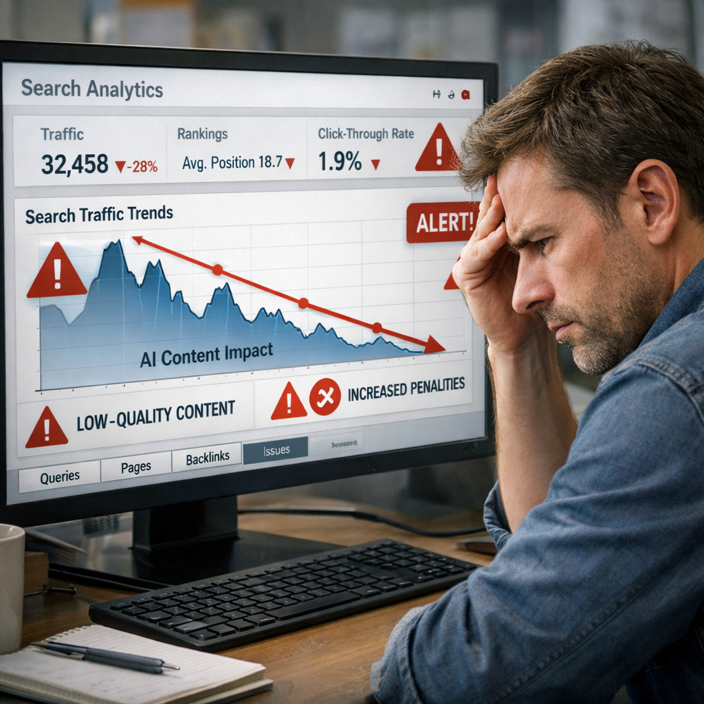 A realistic illustration of a search engine dashboard showing declining traffic spikes caused by low‑quality AI content, with clear red warning icons and a frustrated user looking at a screen. Alt: search engine impact of AI slop on rankings