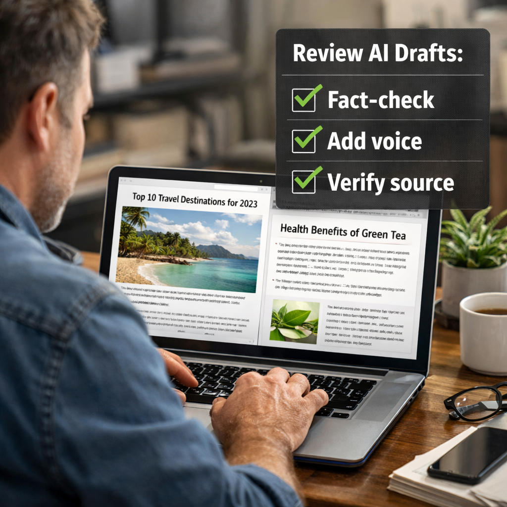 A realistic scene of a website admin reviewing AI‑generated drafts on a laptop, with a checklist overlay highlighting “Fact‑check”, “Add voice”, and “Verify source”. Alt: website owner protecting site from AI slop