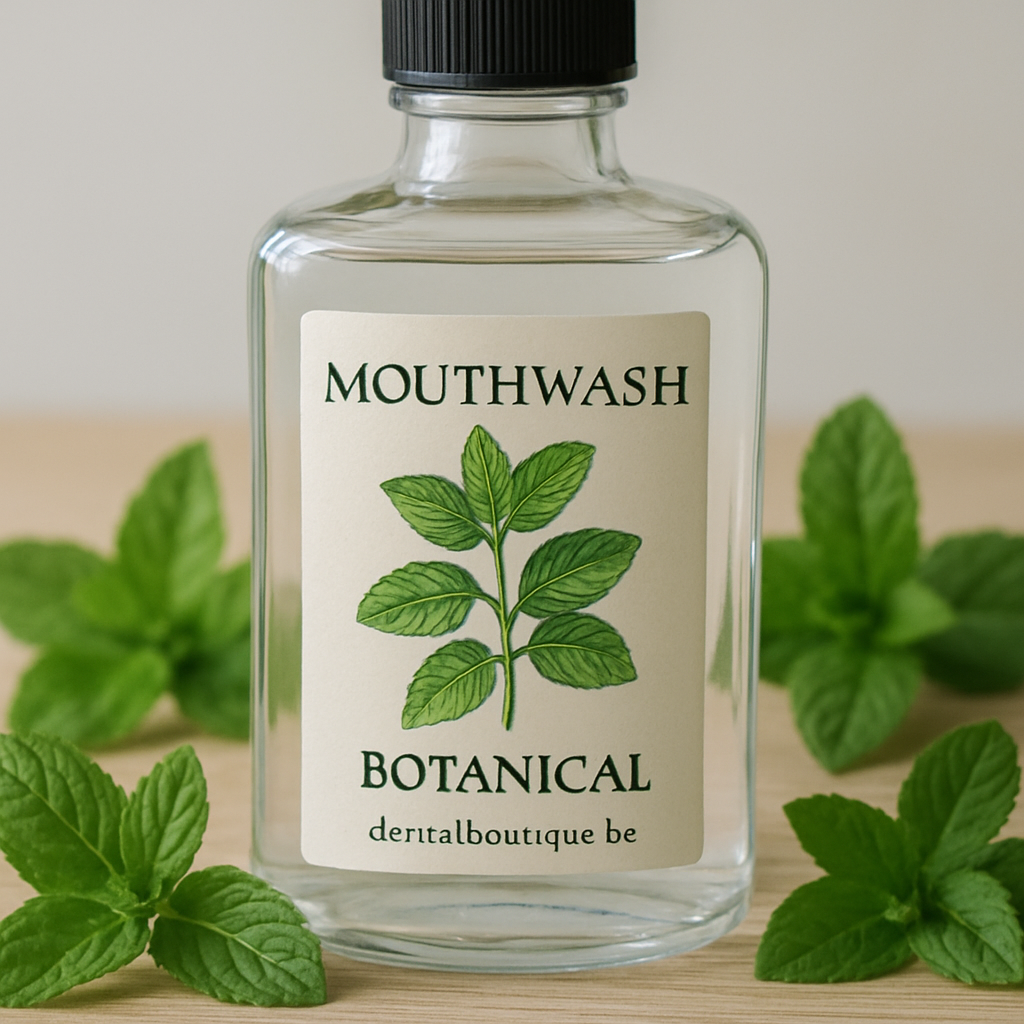 A close‑up of a modern glass mouthwash bottle with botanical labels, surrounded by fresh mint leaves, on a light wooden countertop. Alt: Botanical mouthwash bottle with mint leaves.