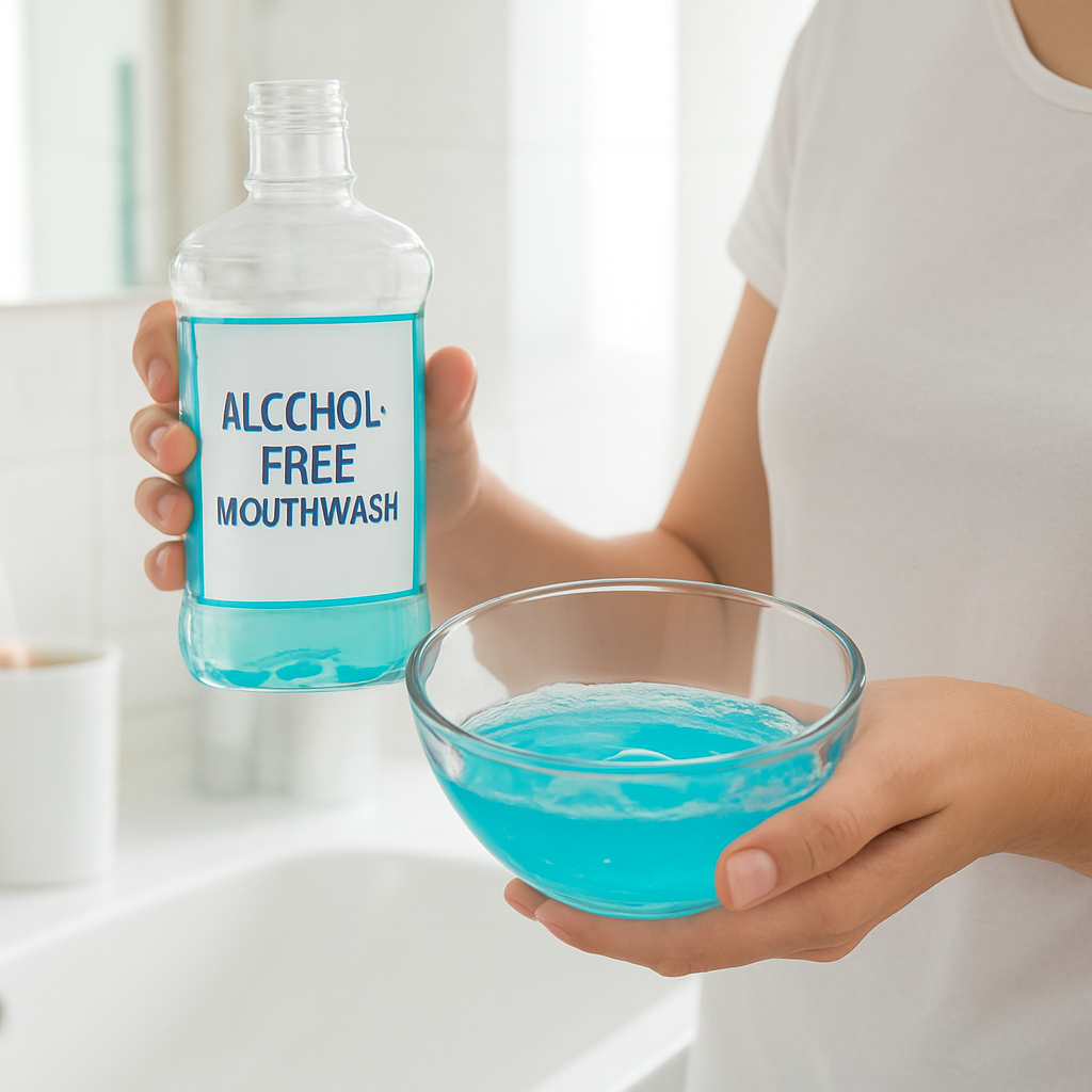 A person in a bright bathroom holding a bottle of alcohol‑free mouthwash, swirling it in a clear glass bowl. Alt: Alcohol-free mouthwash rinse illustration.