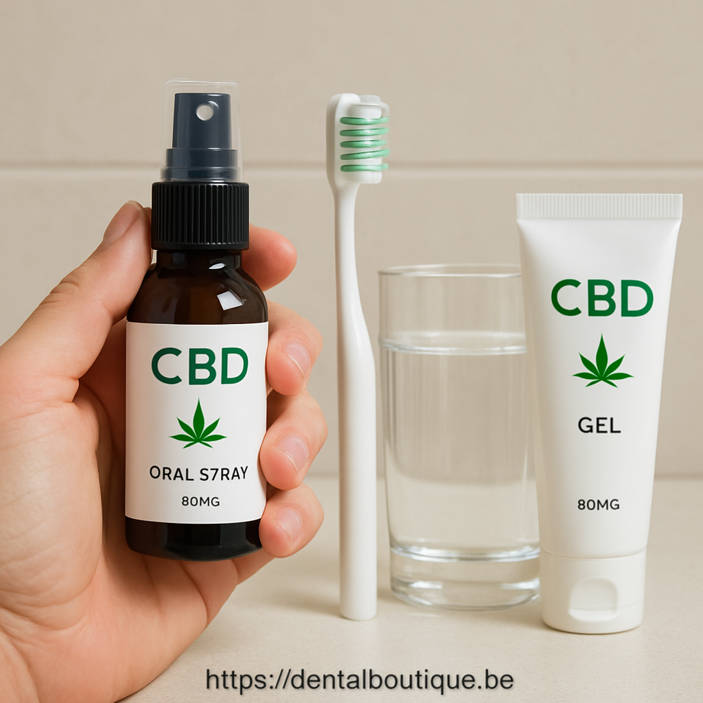 A close‑up of a hand holding a CBD oral spray bottle next to a toothbrush and a glass of water on a bathroom counter. Alt: Practical ways to use CBD for tooth pain relief, showing spray, mouthwash, and gel options