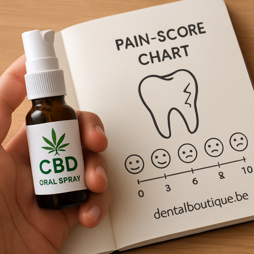 A close‑up of a hand holding a CBD oral spray bottle next to a notebook with a pain‑score chart. Alt: Safe use of CBD oral spray for toothache relief