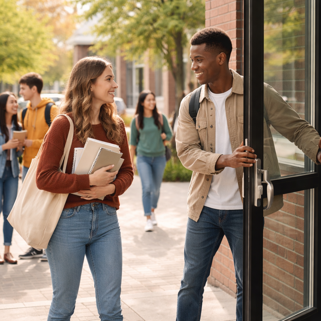 A photorealistic scene of a diverse group of college students on a campus courtyard, one student holding the door open for another while they carry books, soft natural lighting, realistic textures, capturing the modern spirit of chivalry in a contemporary setting. Alt: College students practicing modern chivalry on campus.