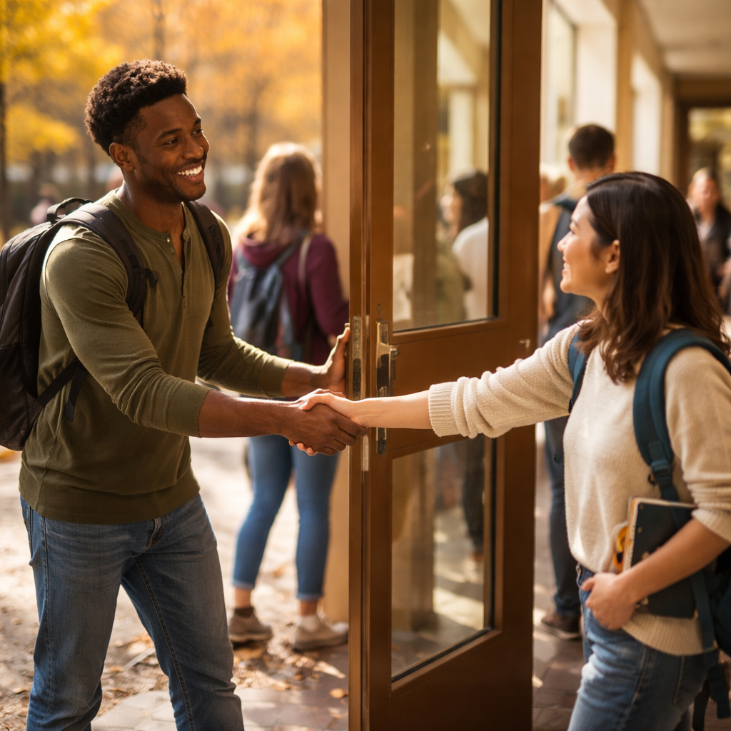 photorealistic campus scene in autumn light showing a diverse group of college students on a busy corridor. One student opens a door while another offers a helping hand, a sense of equal partnership and casual collaboration. Realistic textures, natural lighting, and authentic expressions. Alt: Diverse students practicing respectful, inclusive courtesy on campus.
