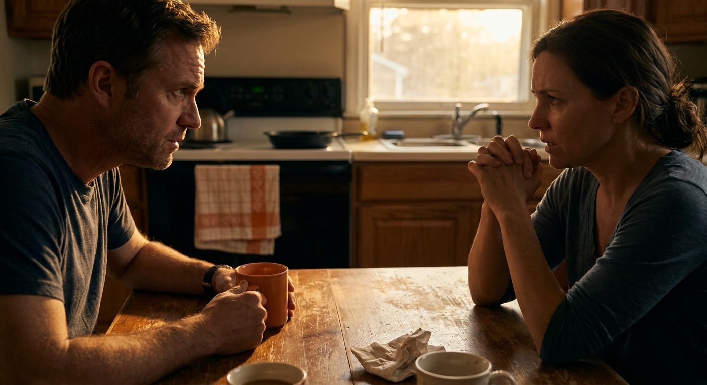 A photorealistic close-up of two people mid-conversation across a kitchen table, tension visible in their posture and hand gestures, warm evening light. Alt: is conflict addictive neurochemistry of arguing and the brain's reward response