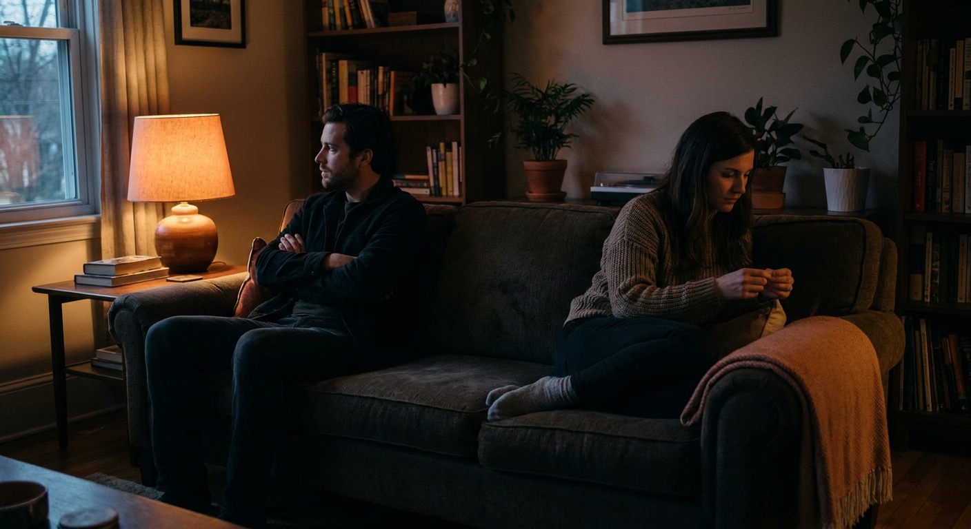A photorealistic scene of a couple sitting on opposite ends of a couch in a dim living room, both looking away, body language closed and tense. Alt: is conflict addictive signs the fighting cycle has become an automatic pattern