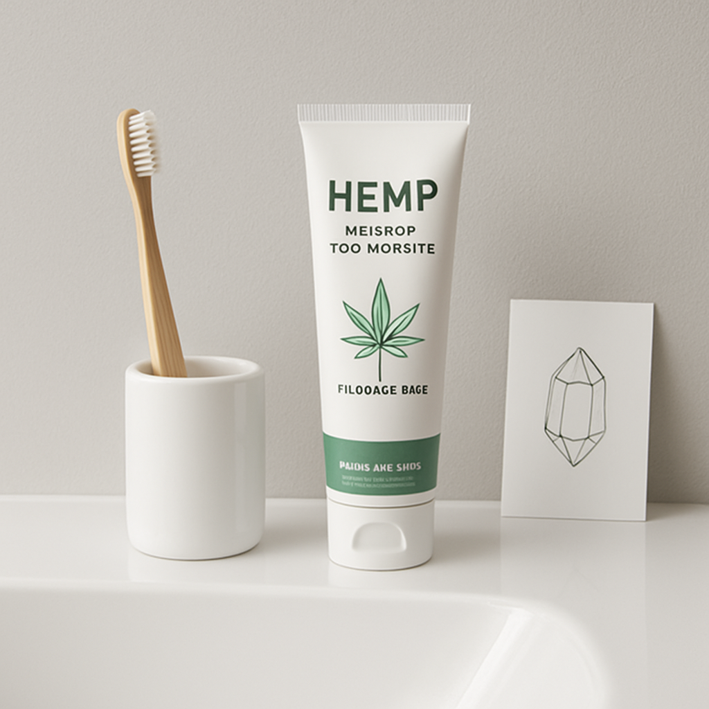 A clean, modern bathroom sink with a toothbrush, a tube of hemp‑infused toothpaste, and a small mineral crystal illustration. Alt: Fluoride‑free toothpaste ingredients and benefits visual guide.