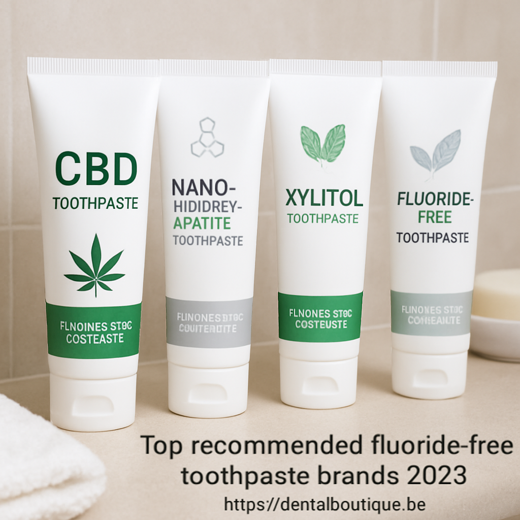 A close‑up of several fluoride‑free toothpaste tubes arranged on a bathroom counter, each labeled with its key natural ingredient like “CBD”, “nano‑hydroxyapatite”, “xylitol”. Alt: Top recommended fluoride‑free toothpaste brands 2025