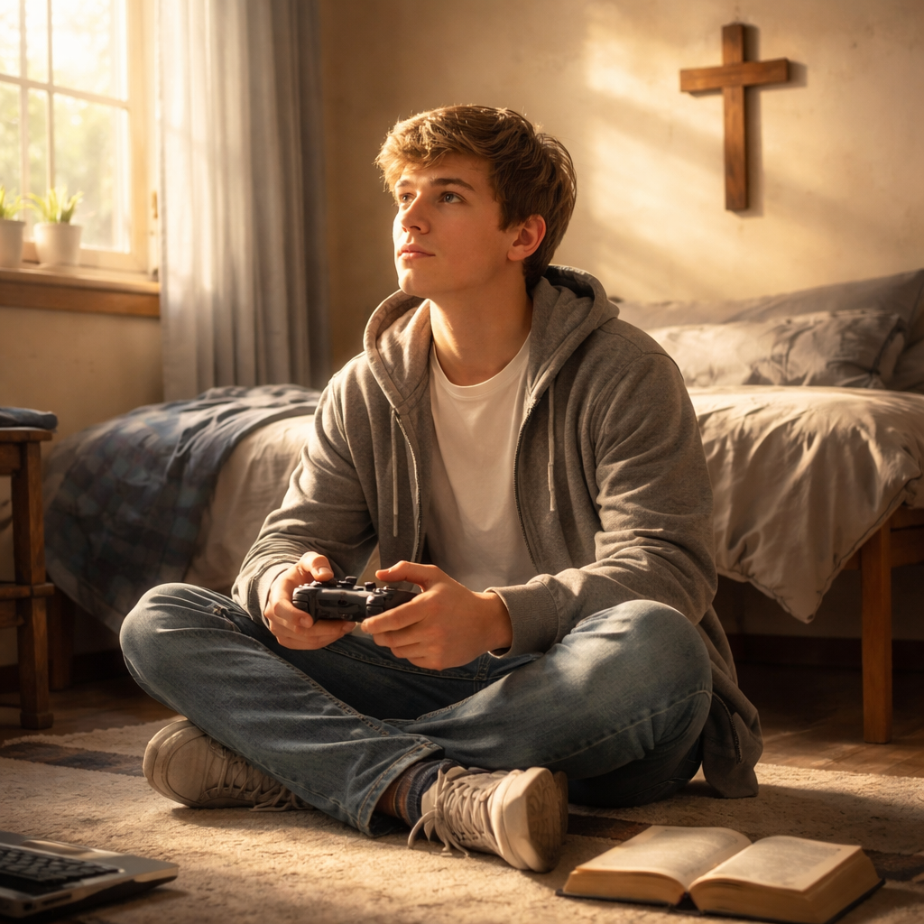 A photorealistic scene of a teenage Christian sitting on a bedroom floor, game controller in hand, a cross on the wall, soft morning light streaming through a window. Alt: Young Christian gamer reflecting on faith.