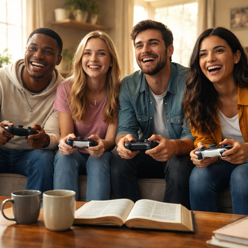 A photorealistic scene of a diverse group of young Christians sitting on a couch with gaming controllers, a Bible open on a coffee table, soft natural light streaming in, showing a friendly, supportive gaming environment. Alt: Young Christian gamers finding positive community and resources.