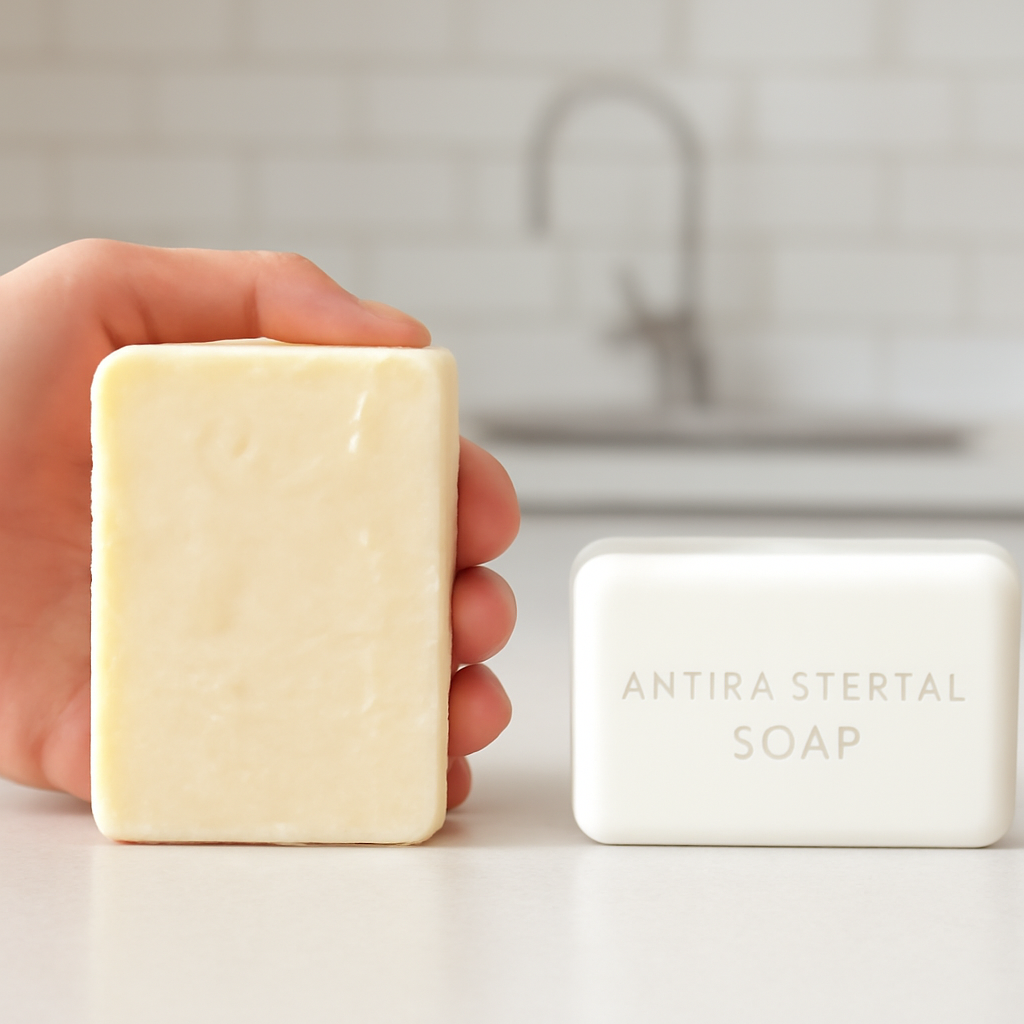 A hand holding a bar of creamy goat milk soap beside a bright, minimalist antibacterial soap bar, set against a clean kitchen countertop. Alt: Comparison of goat milk soap and conventional antibacterial soap.