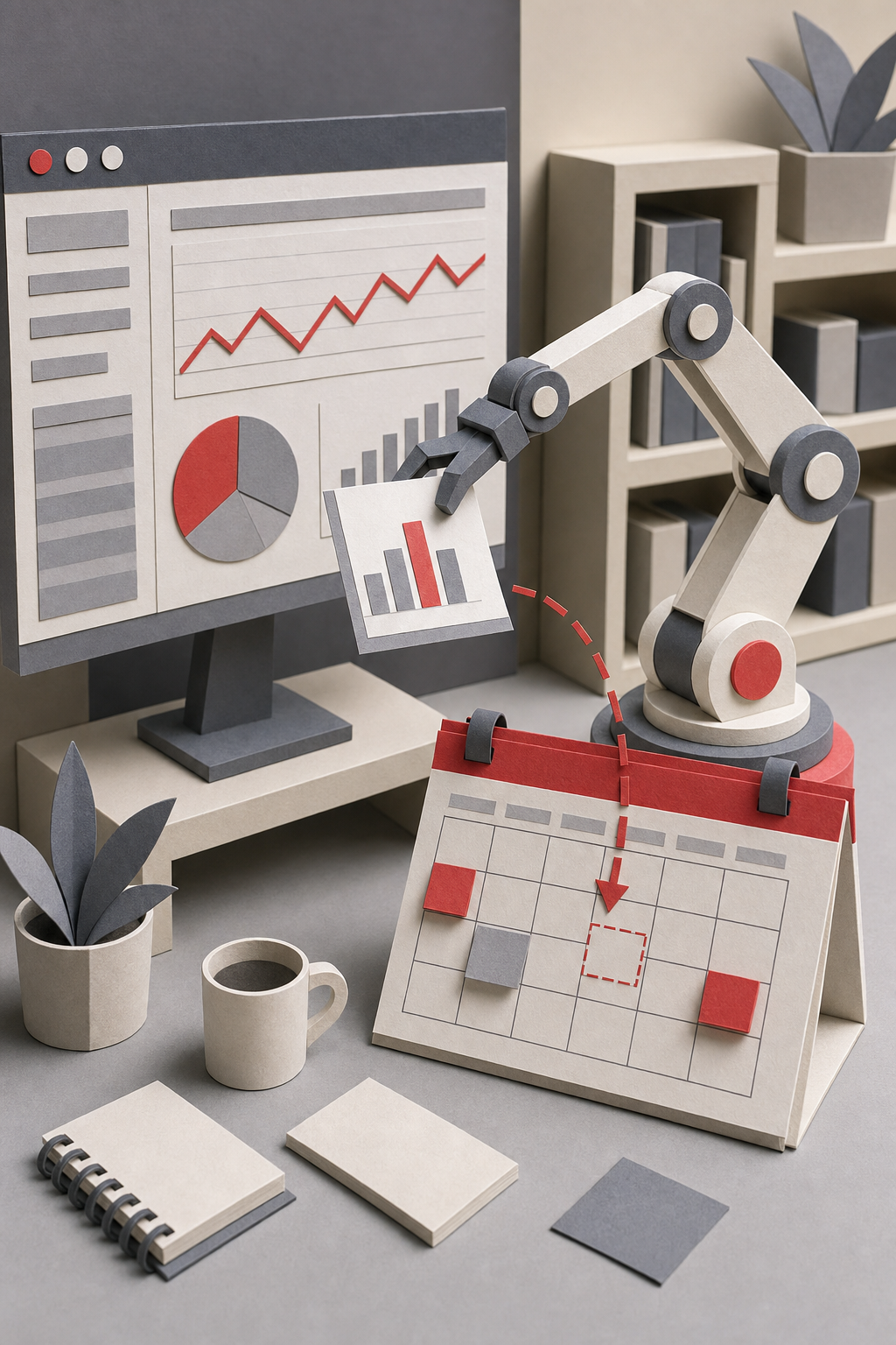 A papercraft scene of a website dashboard with a robot arm pulling data from a Google Analytics screen and placing it into a content calendar. Alt: Distribb AI analyzing Google Analytics data for SEO automation.