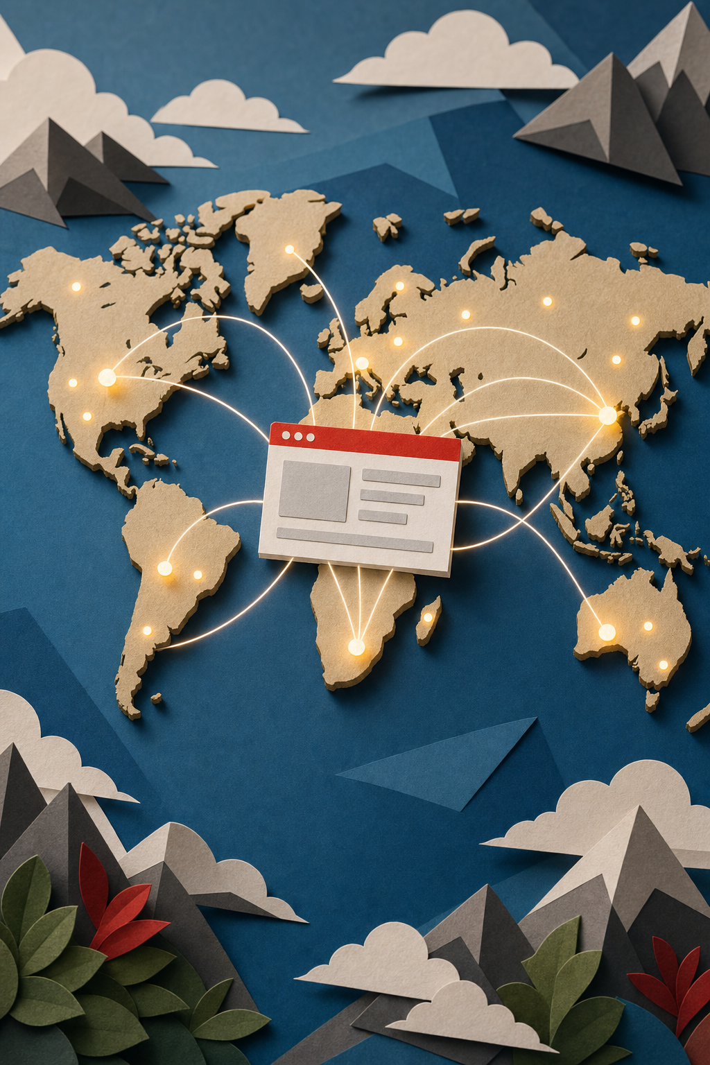 A papercraft world map with glowing dots representing visitors from different continents, connected by lines to a central website icon. Alt: Google Analytics real-time traffic world map in papercraft style.