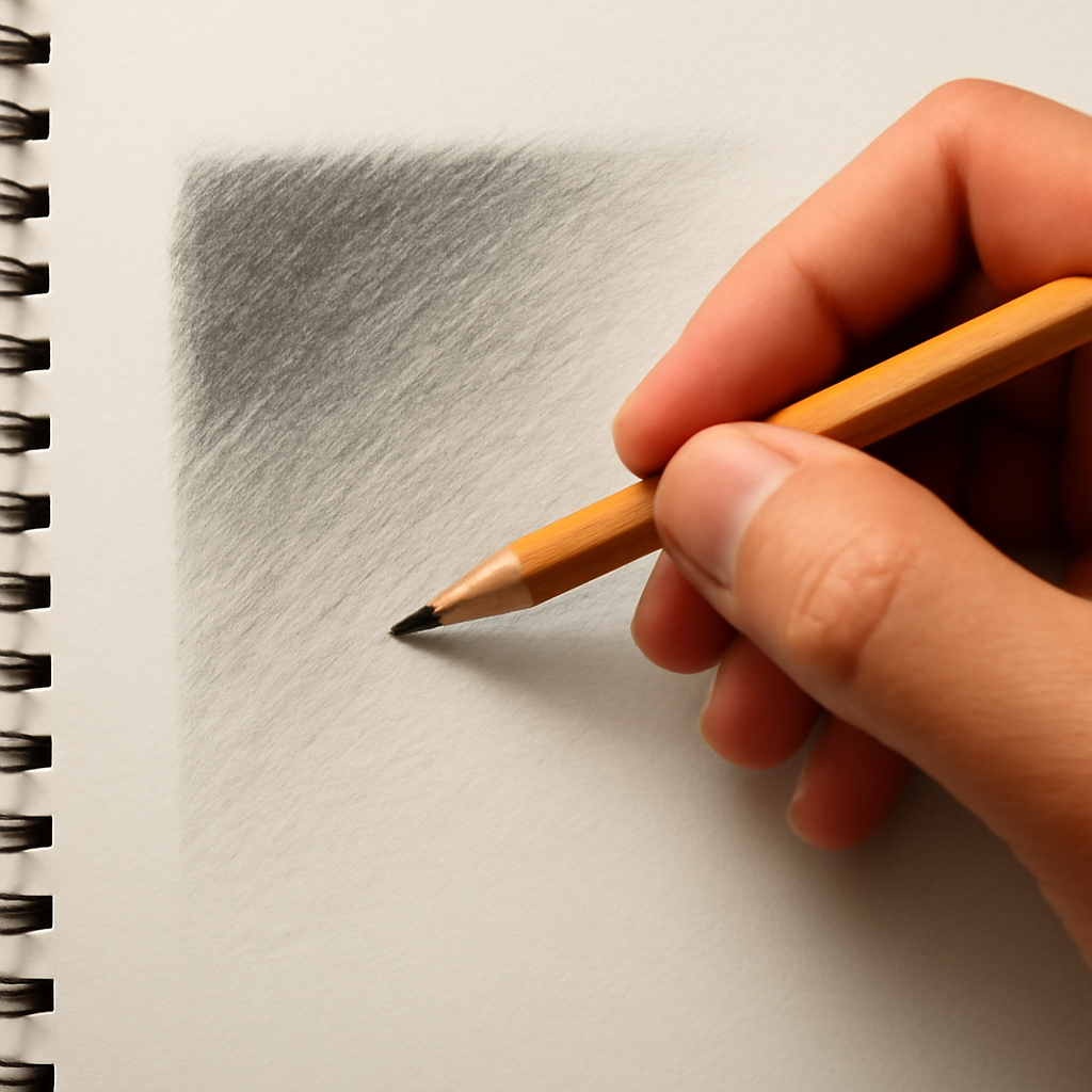 A hand holding an HB pencil drawing a gradient on a sketch pad. Alt: HB pencil sketch gradient.