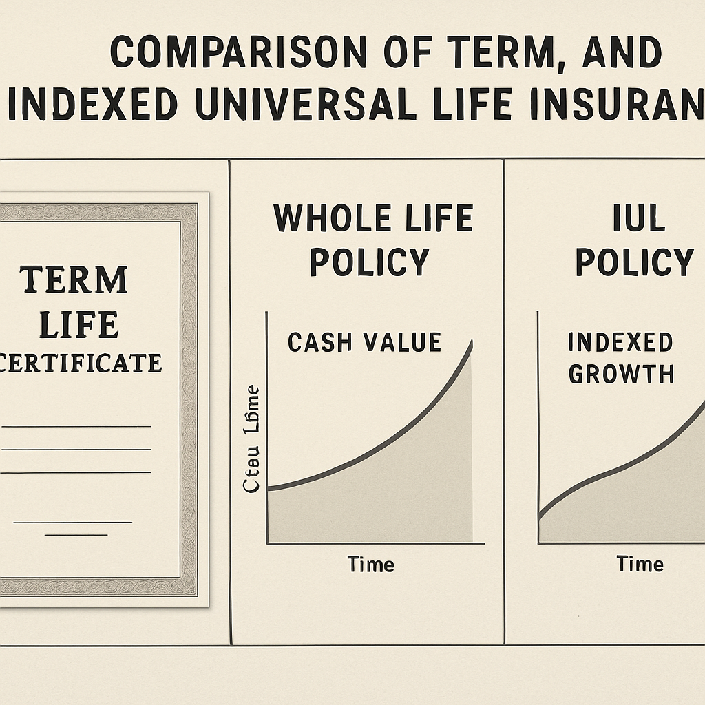 A split-screen illustration showing a term life certificate, a whole life policy with cash value graph, and an IUL policy with indexed growth curve. Alt: Comparison of term, whole, and indexed universal life insurance features