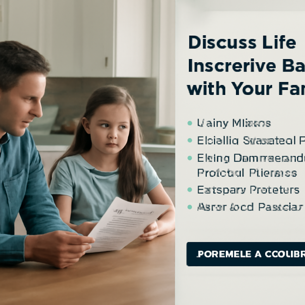 A calm suburban family reviewing an insurance policy together on a kitchen table. Alt: Family discussing life insurance benefits