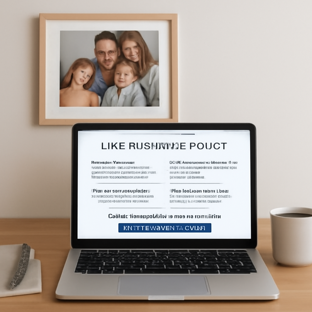 A friendly home office scene with a laptop open to a life insurance policy statement, a cup of coffee, and a family photo on the wall. Alt: Life Care Benefit Services IUL guide for families.