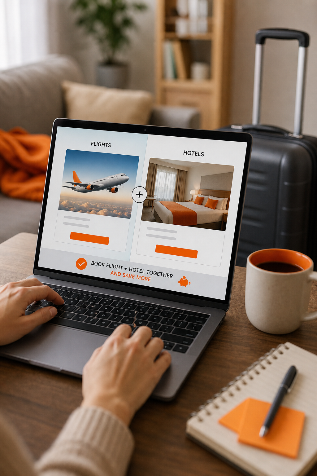 A photorealistic image related to is-it-cheaper-to-book-flight-and-hotel-together. Alt: is-it-cheaper-to-book-flight-and-hotel-together