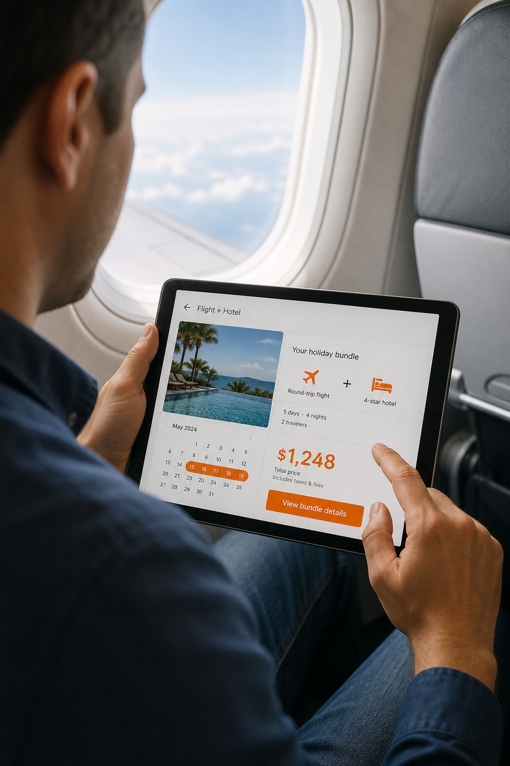 A photorealistic, in‑the‑air view of a traveler glancing at a screen showing a bundled flight+hotel option, with a calendar and price tag prominently displayed. Alt: bundled flight and hotel offer visual.