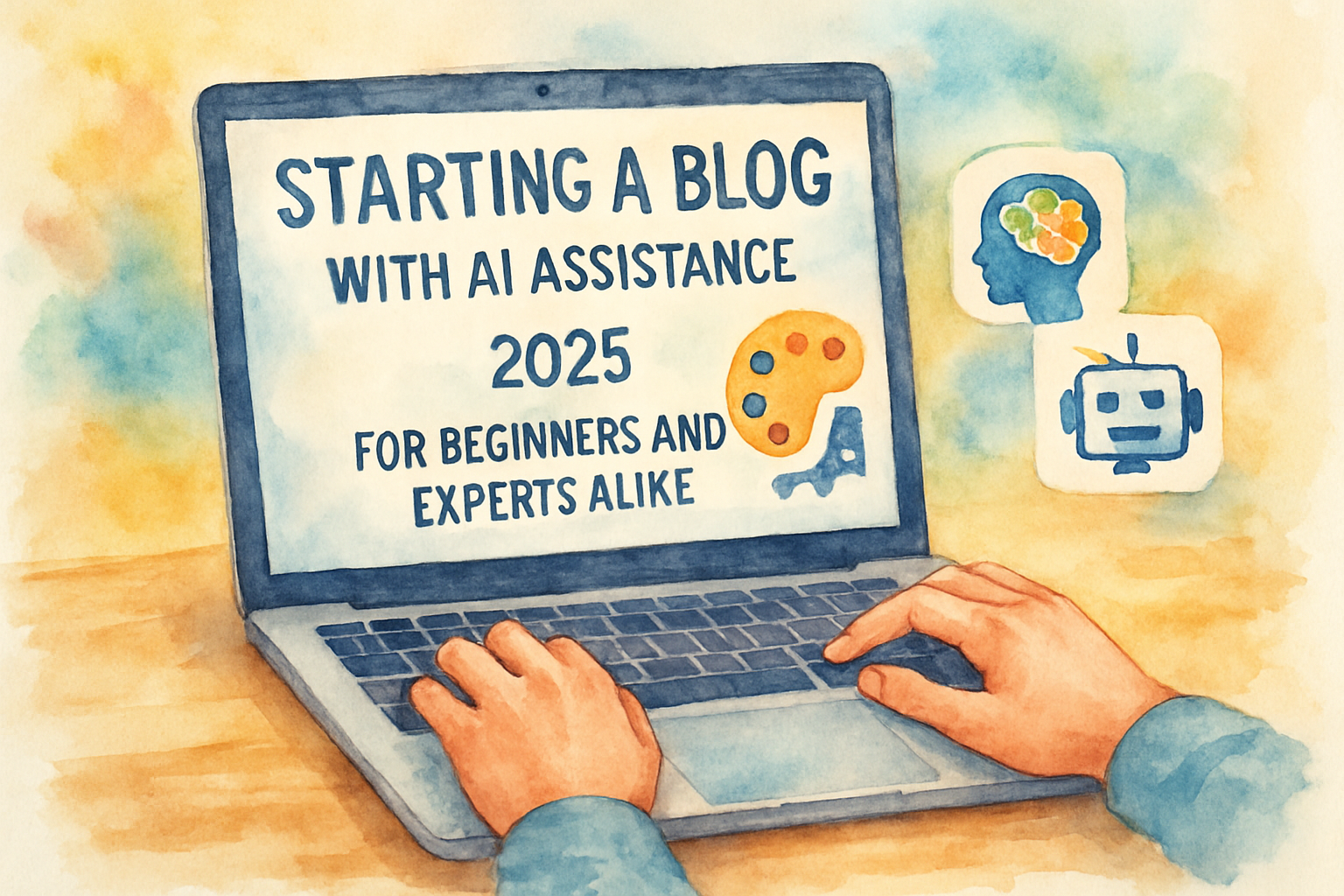 Person starting a blog on a laptop with creative AI tools visible on screen. Alt: Starting a blog with AI assistance in 2025 for beginners and experts alike.