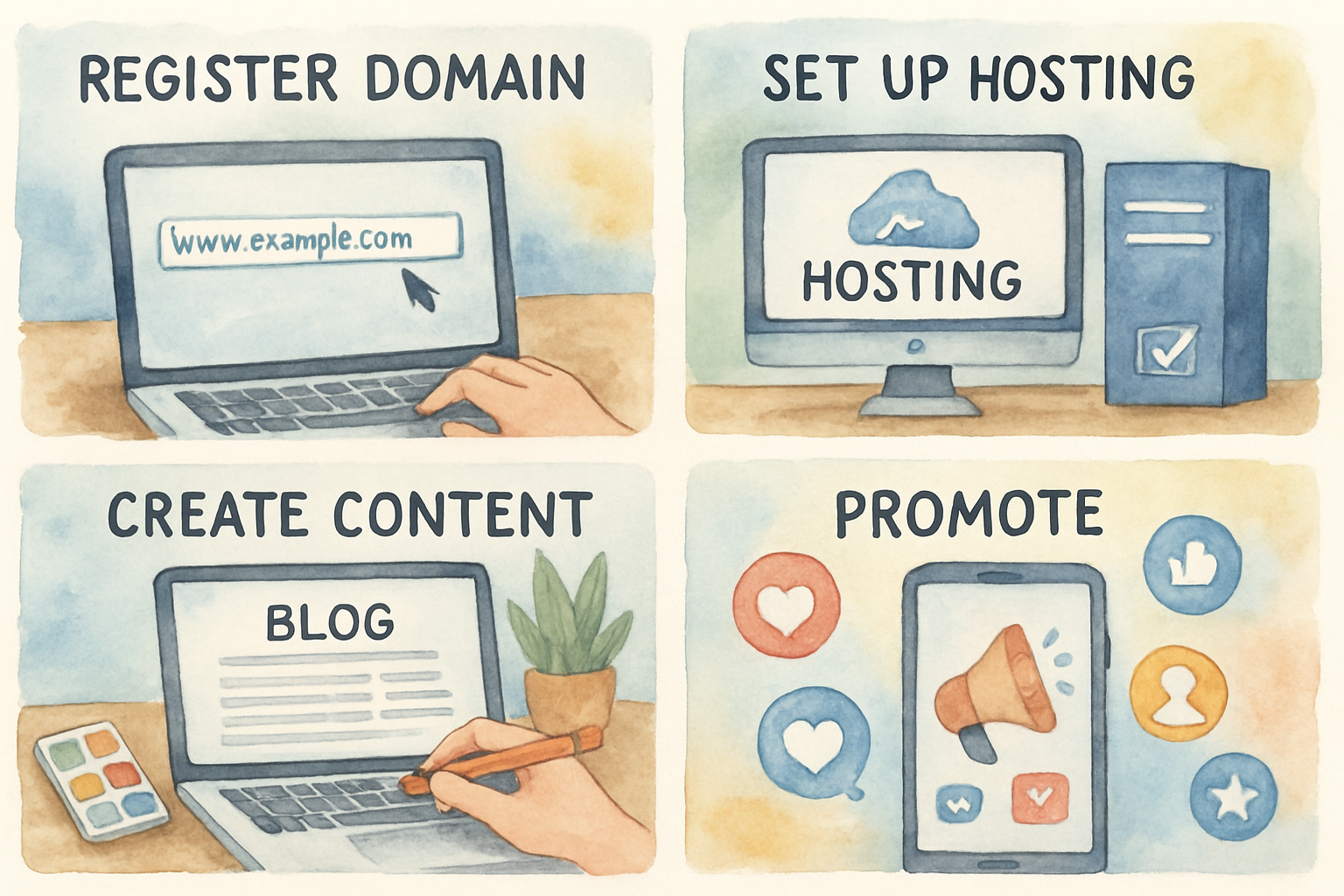 Step-by-step illustrated guide showing domain registration, hosting setup, content creation, and promotion. Alt: Step by step process of starting a blog from scratch in 2025.