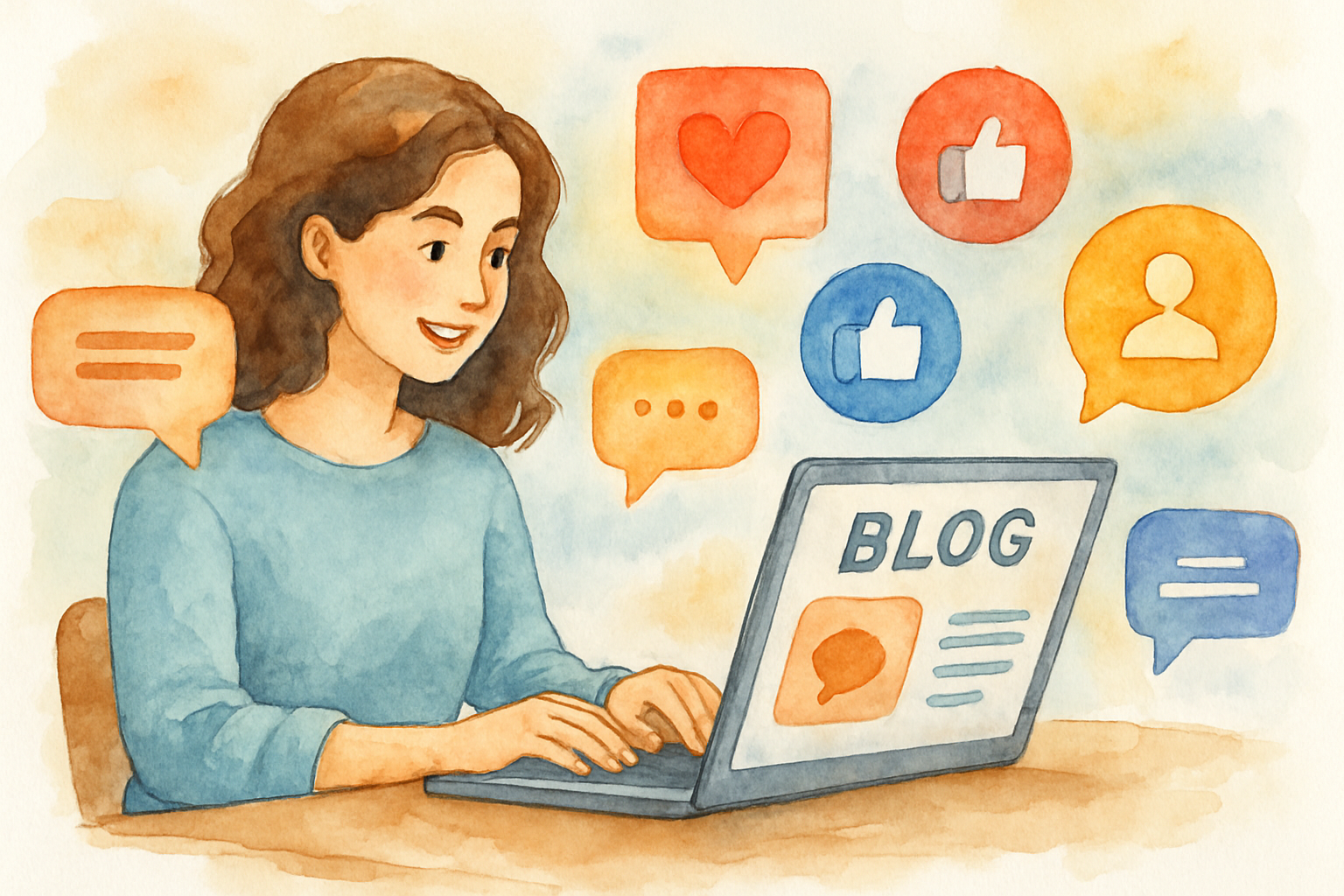 Blogger engaging with readers via comments and social media, showcasing community building. Alt: Building engagement and community in blogging for 2025 success.