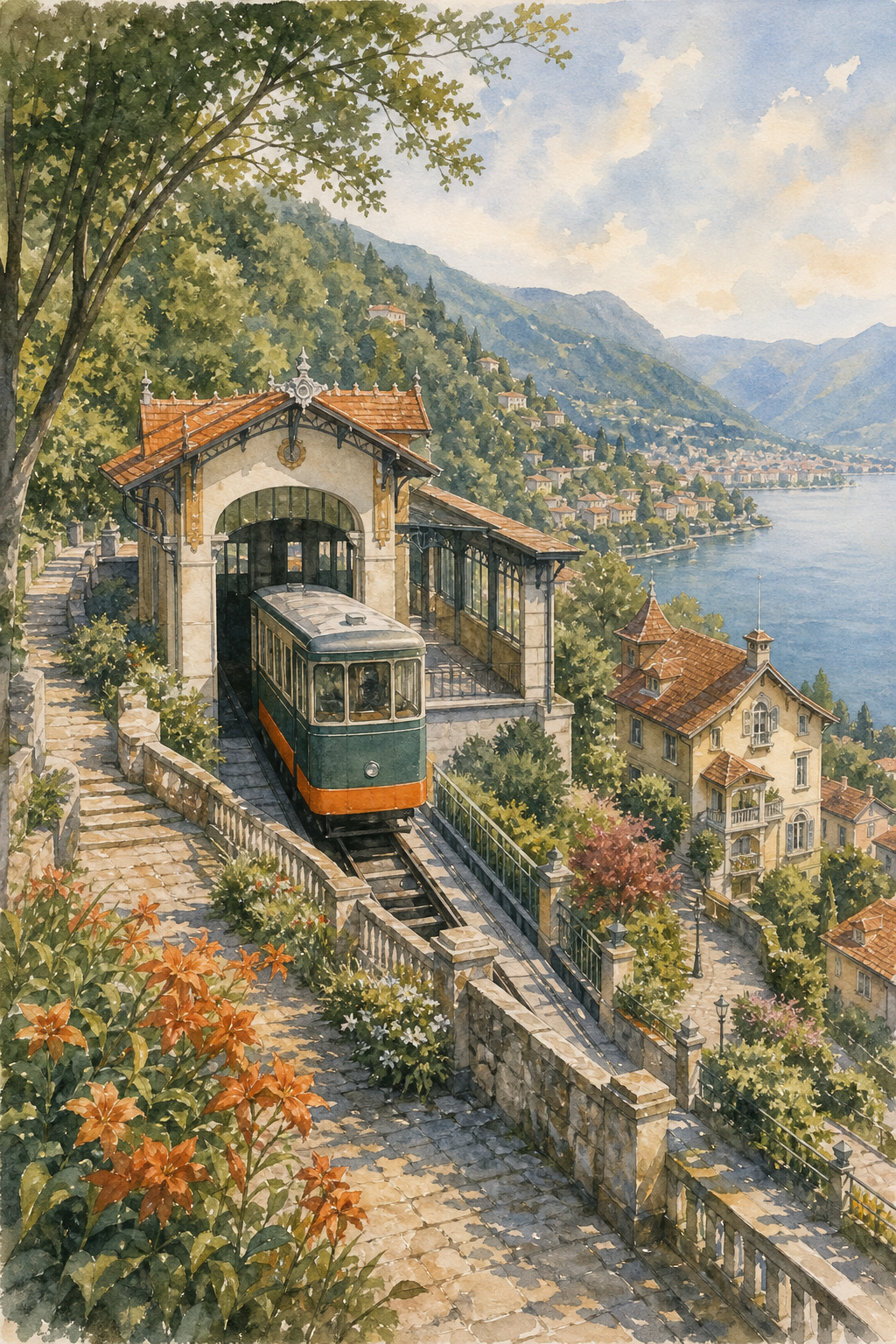 A watercolor scene of the Brunate funicular arriving at the hilltop station, with stone paths, flowering gardens, and beech forest surrounding the village. Alt: Brunate funicular station and village above Lake Como watercolor.