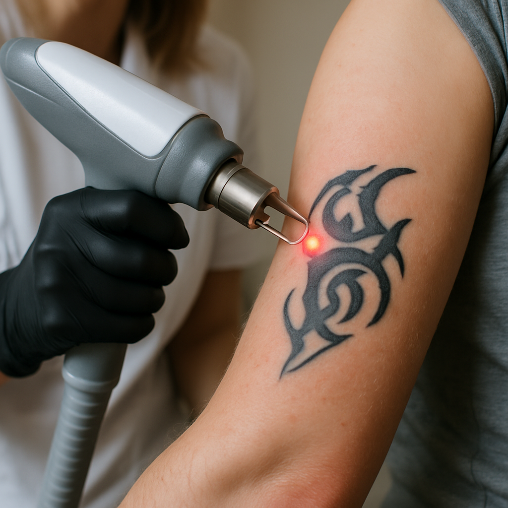 A close-up of a professional technician applying laser tattoo removal treatment, showing the laser device gently targeting the skin. Alt: Laser tattoo removal pain sensation illustrated on sensitive skin area.