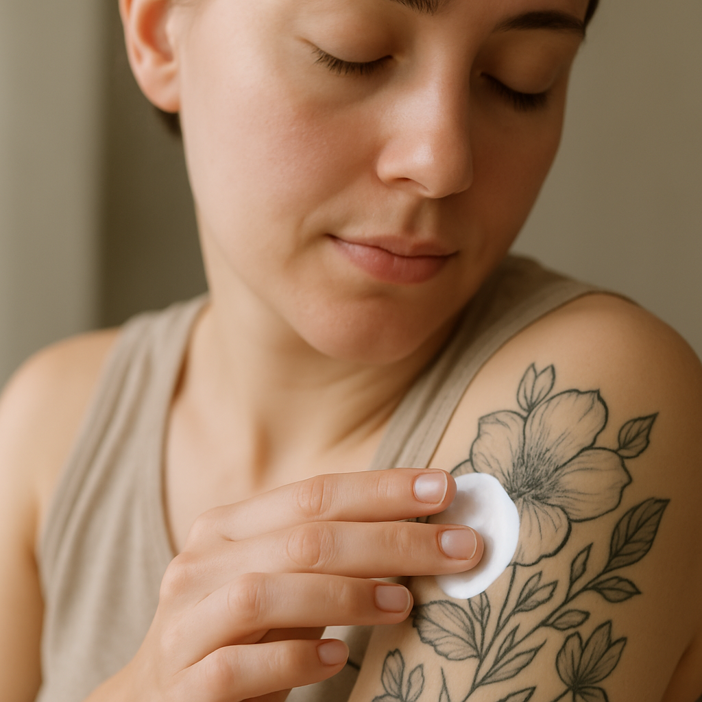 A calm and relaxed person preparing their skin before a laser tattoo removal session; close-up of moisturizing cream being applied on tattooed skin. Alt: Preparing skin for laser tattoo removal to reduce pain and discomfort