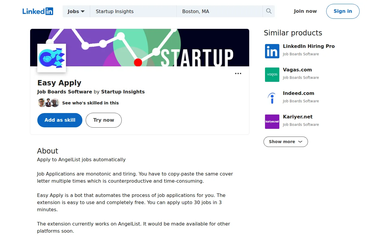 Screenshot of the LinkedIn Easy Apply for Fast website