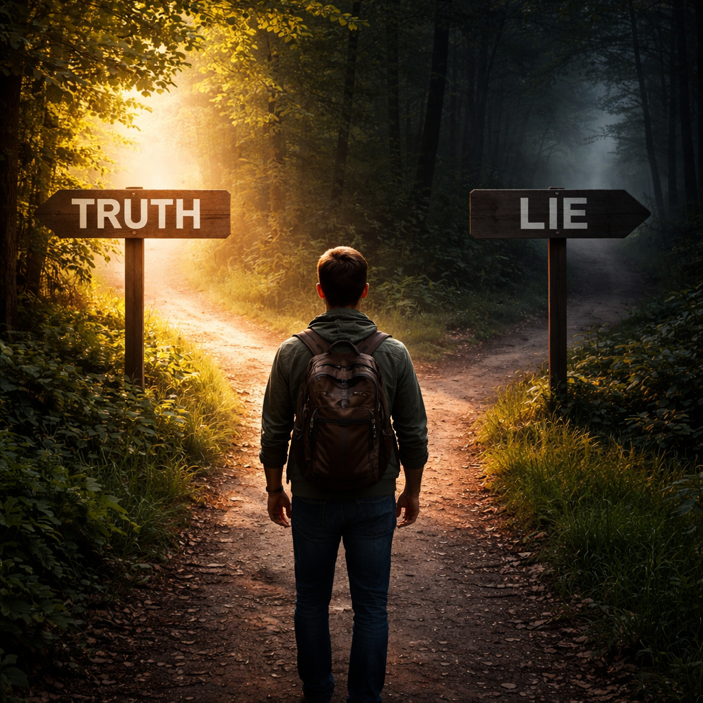 A photorealistic scene of a young adult standing at a crossroads, one path labeled “Truth” bright and clear, the other “Lie” shadowed, representing the ethical choice. Alt: Is lying ever acceptable? ethical decision making realistic.