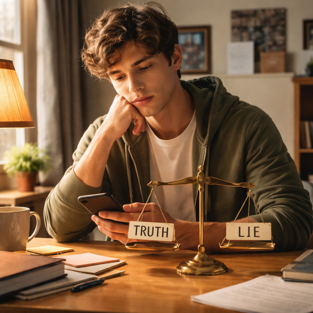 A photorealistic scene of a college student sitting at a dorm desk, holding a phone, looking thoughtful as they weigh a small scale labeled “Truth” and “Lie”, soft natural lighting, realism style, alt: Deciding if a lie is acceptable
